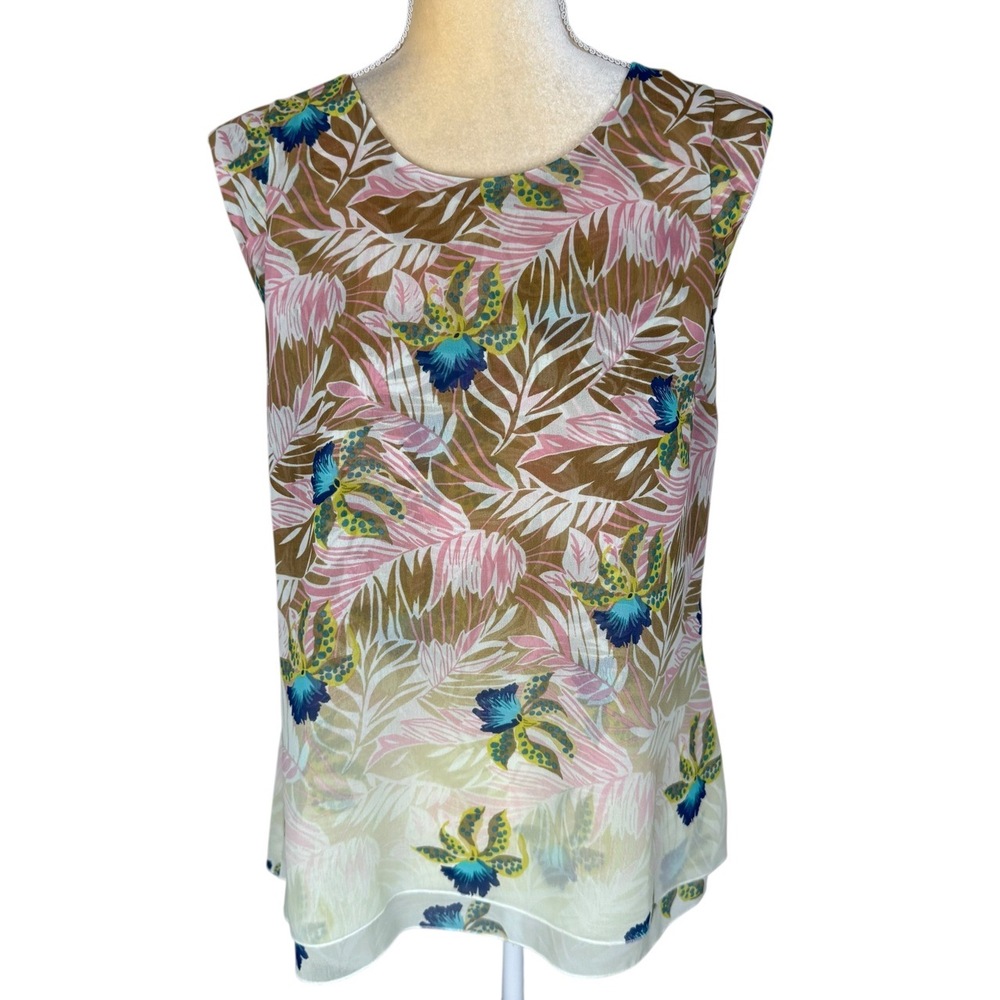 Cabi Style 5216 Tropical Print Split Back Floral Sleeveless Layered Blouse Small